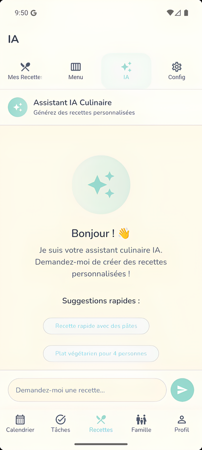 Écran mobile Memento avec interface IA pour génération automatique de recettes et menus familiaux